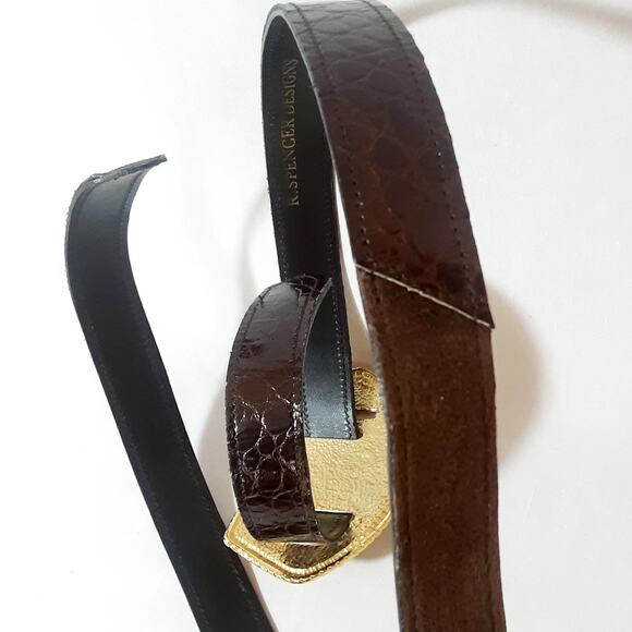 Western Style Belt Large Sz Suede Reptile Print Leather Jumbo Gold Tone Buckle main image 11